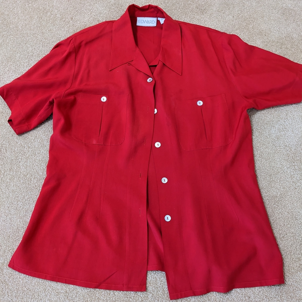 Red Women's Short Sleeve Silk Blouse